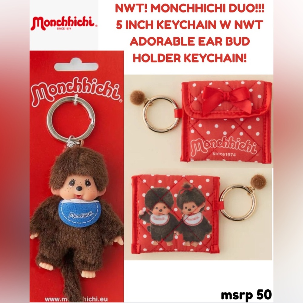 NWT! MONCHHICHI 5in.ADORABLE DOLL KEYCHAIN AND AWESOME EARBUD HOLDER SET!